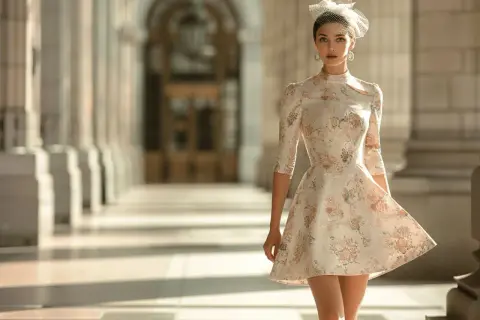 Une invitée élégante, robe fleurie, voile chic. Parfait pour savoir comment s'habiller pour un mariage.