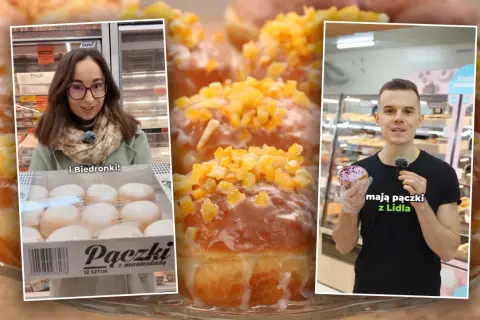Trzy panele: kobieta z paczkami z Biedronki, zbliżenie na pączka z kandyzowaną skórką pomarańczy, mężczyzna z pączkiem z Lidla.