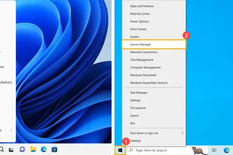 Menu kontekstowe Windows 11 z zaznaczonym "Device Manager" (Menedżer urządzeń).