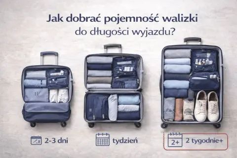 Porównanie rozmiarów walizek w litrach dla wyjazdów: 2-3 dni, tydzień, 2+ tygodnie.