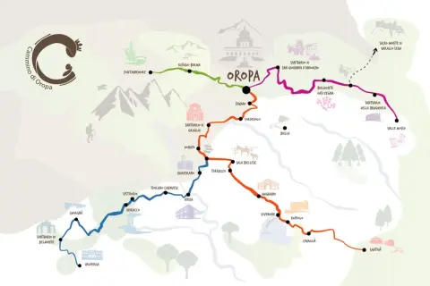 Mappa stilizzata del Cammino di Oropa, un percorso tra santuari e borghi in Italia, con sentieri colorati che attraversano montagne e valli.