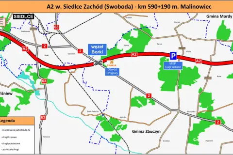 Mapa autostrady A2 w okolicach Siedlec i Białej Podlaskiej, z zaznaczonym węzłem Borki i MOP Ługi Wielkie.