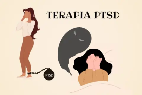Kobieta z kajdanami na nodze z napisem PTSD, symbolizującymi zespół stresu pourazowego, walczy z mrocznym cieniem.