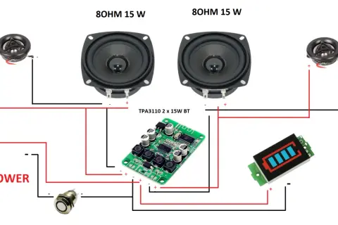 Schemat połączeń do zrobienia głośniki bluetooth: moduł TPA3110, głośniki 8Ohm 15W, przycisk i wskaźnik baterii.
