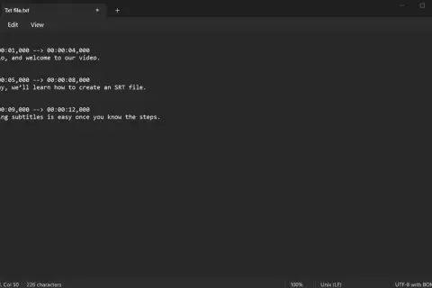 A text editor shows a sample SRT file, demonstrating how to create an SRT file on Mac with numbered subtitles and timestamps.