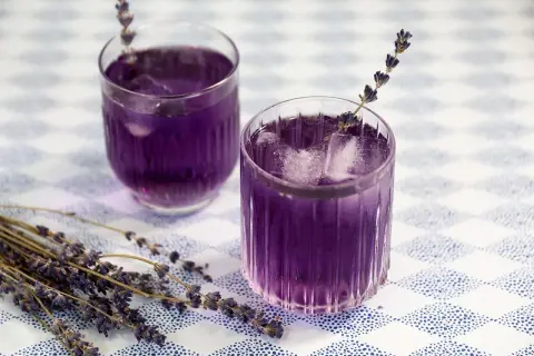 Zwei Gläser mit lila Lavendel Spritz, Eiswürfeln und Lavendelzweigen auf kariertem Tisch.