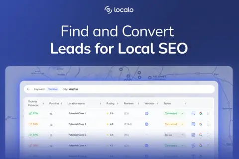 Interfaz de software para optimizar cómo hacer SEO local, mostrando clientes potenciales para "fontanero" en Austin, con su potencial de crecimiento y estado.