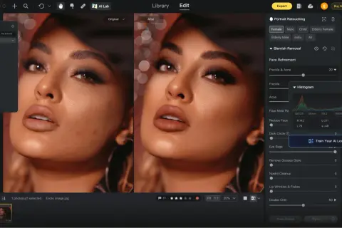 Edycja portretu w Luminar Neo: porównanie przed i po, z opcjami retuszu twarzy i usuwania niedoskonałości.