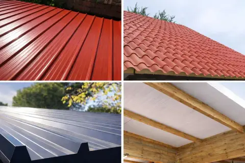 Techos de casas con panel sándwich: rojo acanalado, teja roja, gris metálico y blanco interior con vigas de madera.
