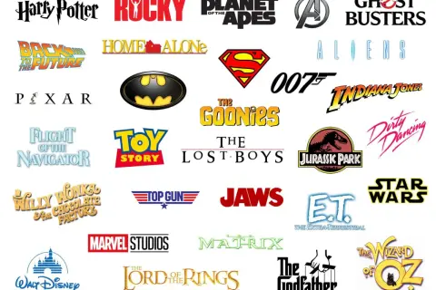 A collage of famous movie logos, including Harry Potter, Rocky, Star Wars, and The Godfather.