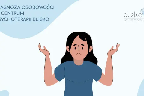 Ilustracja kobiety z uniesionymi rękami i smutną miną, obok logo centrum psychoterapii.