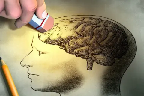 Un borrador elimina parte de un cerebro dibujado, sugiriendo la memoria selectiva. Un lápiz descansa cerca.