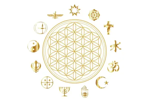 Goldene Blume des Lebens umgeben von religiösen Symbolen. Aus christlicher Sicht symbolisiert sie die göttliche Schöpfung und Einheit.