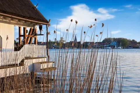 Reetgedecktes Haus am Plauer See mit Blick auf die Stadt und den Kirchturm. Schilf wiegt sich im Wasser.