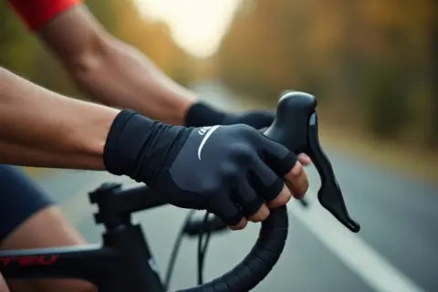 Rowerzysta w rękawiczkach trzyma kierownicę, by zapobiec drętwieniu rąk na rowerze podczas długiej jazdy.