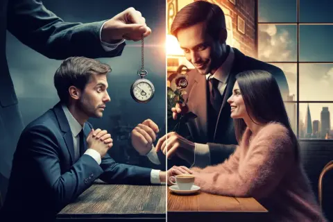 Un uomo ipnotizzato da un orologio, poi un altro uomo offre una rosa a una donna sorridente. Come diventare uno specchio.