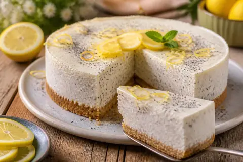 Köstlicher Kuchen ohne Backen mit Zitronen-Mohn-Geschmack, garniert mit frischen Zitronenscheiben und Minze.