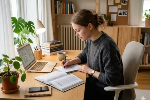 Junge Frau lernt konzentriert am Schreibtisch, um ihre Konzentration zu steigern. Laptop, Bücher und Pflanzen schaffen eine ruhige Lernatmosphäre.