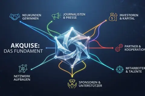 Das Diagramm zeigt, wie Akquise die Basis für Neukundengewinnung, Journalistenkontakte, Investoren, Partner, Mitarbeiter und Sponsoren bildet.