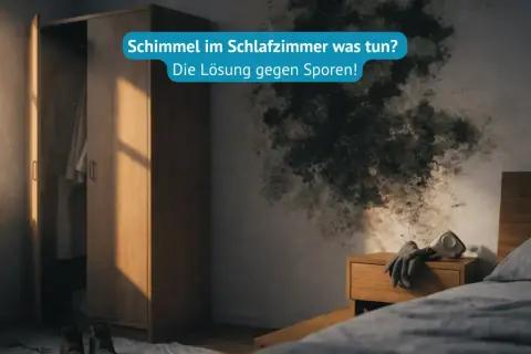 Schimmel im Schlafzimmer: Symptome und Lösungen. Dunkle Flecken an der Wand, ein Kleiderschrank und ein Bett.