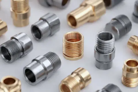 Różnorodne metalowe złączki hydrauliczne, niektóre skręcane, inne zaciskane, w kolorze złotym i srebrnym.
