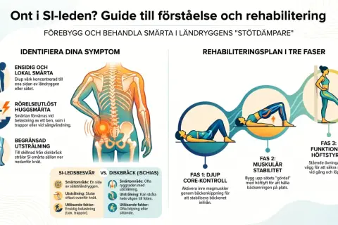 Ont i SI-leden? Bilden visar symtom, jämförelse med diskbråck och en rehabiliteringsplan i tre faser för att hantera smärta i ländryggen.