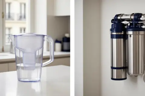 Carafe d'eau filtrée et système de filtration mural. Attention à l'eau filtrée : danger si mal entretenu.