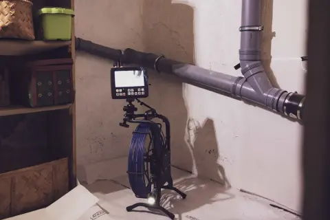 Avloppskamera redo för inspektion. Kanske dags att undersöka byta styrled pris? Hyllor med korgar i bakgrunden.