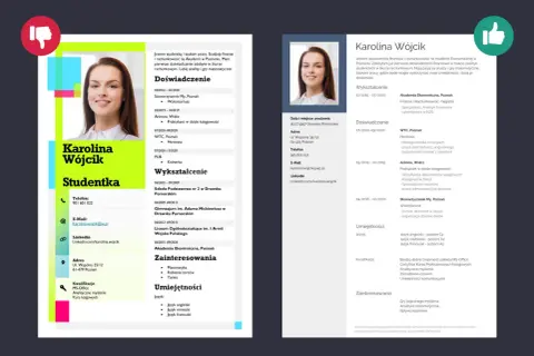 CV wzór Karoliny Wójcik, studentki finansów i rachunkowości, z doświadczeniem w biurze rachunkowym, analizach i grach matematycznych.