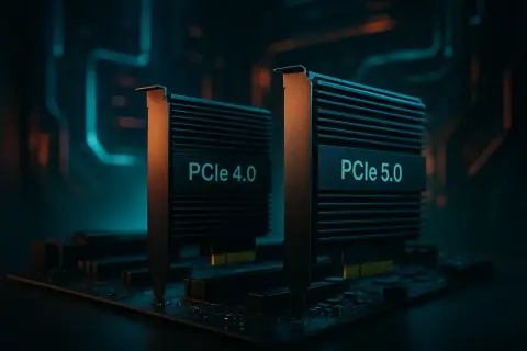 Zwei PCIe-Karten, PCIe 4.0 und PCIe 5.0, stehen nebeneinander auf einer Platine. Die neuere PCIe 5.0-Technologie verspricht höhere Geschwindigkeiten.