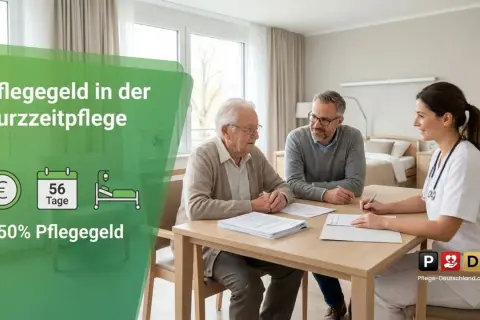 Ein älterer Mann und ein jüngerer Mann sitzen an einem Tisch, während eine Pflegekraft ihnen etwas erklärt. Die Grafik zeigt, wie man das Pflegegeld in der Kurzzeitpflege auszahlen lassen kann.