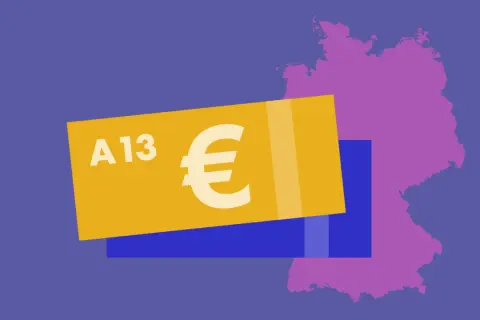 Geldschein mit "A13" und Euro-Symbol vor Deutschlandkarte. Symbolisiert die Besoldung Lehrer.