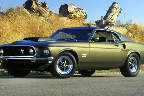 Ein goldener amerikanischer Oldtimer, ein Ford Mustang Boss 429, steht vor einer trockenen, grasbewachsenen Böschung mit Baumstämmen.
