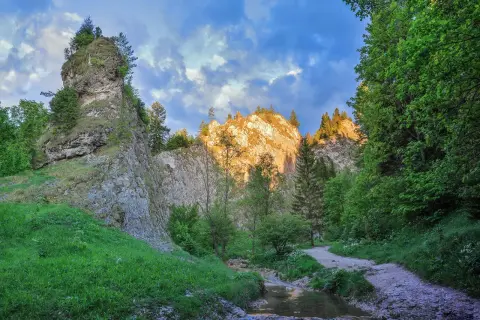 Pieniny co warto zobaczyć: skaliste zbocza, strumień i ścieżka wśród zieleni. Słońce oświetla szczyty gór.