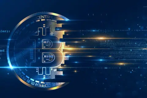 Cyfrowy Bitcoin rozpadający się na kod, symbolizujący przyszłość płatności, gdzie można płacić bitcoinem.