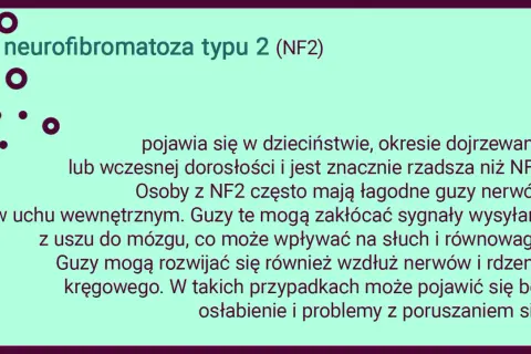 Neurofibromatoza typu 2 (NF2) to rzadsza odmiana choroby, która może objawiać się łagodnymi guzami nerwów, wpływając na słuch i równowagę.