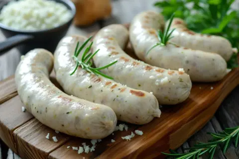 Gotowa biała kiełbasa surowa, grillowana na desce z rozmarynem. Idealna do gotowania, by cieszyć się jej smakiem.