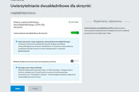 Ustawienia bezpieczeństwa skrzynki email, w tym aktywne uwierzytelnianie dwuskładnikowe (2FA) dla lepszej ochrony.