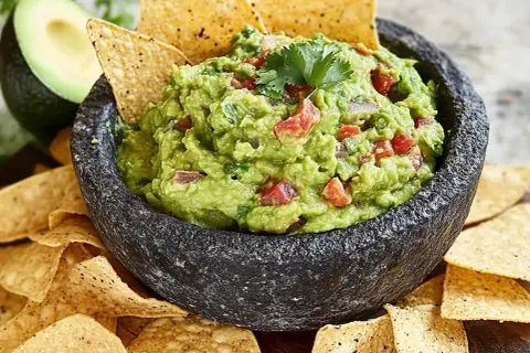 En skål med krämig guacamole, perfekt för ditt nästa guacamole recept. Serveras med tortillachips och en halv avokado i bakgrunden.