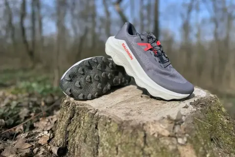Szare buty trailowe Salomon Ultra Glide 3 z czerwonymi akcentami stoją na pniu drzewa w lesie.