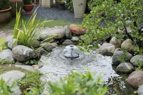 Un bassin d'eau avec une fontaine bulle, entouré de rochers et de verdure. Idéal pour fabriquer une cascade en bois.