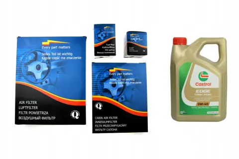 Zestaw filtrów powietrza, kabinowego, paliwa i oleju oraz olej silnikowy Castrol EDGE 5W-40 Turbo Diesel. Idealny wybór, jaki olej do Passata B5 1.9 TDI.