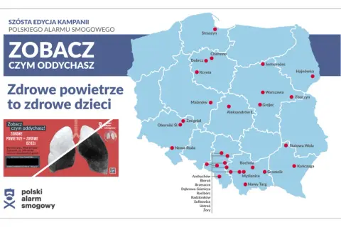 Mapa Polski z zaznaczonymi miastami, gdzie jest smog. Kampania "Polski Alarm Smogowy" pokazuje, gdzie oddychamy zanieczyszczonym powietrzem.