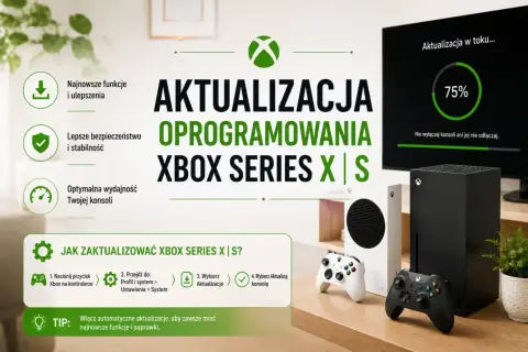 Grafika przedstawia konsole Xbox Series X i S, kontrolery oraz ekran z postępem aktualizacji oprogramowania.