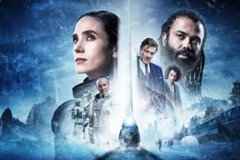 Postapokaliptyczny świat i pociąg-miasto w filmach sf. Jennifer Connelly, Sean Bean i Daveed Diggs w mroźnej scenerii.