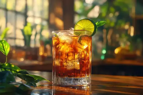 Orzeźwiający drink z colą, lodem i plasterkiem limonki, ozdobiony listkiem mięty. Idealny na letnie popołudnie.