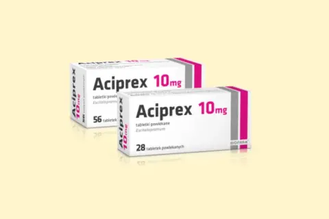Dwa opakowania leku Aciprex 10mg, jedno z 56, drugie z 28 tabletkami powlekanymi.