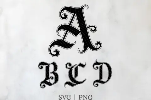 Lettre A, B, C, D en style gothique, avec des volutes élégantes. Parfait pour un design médiéval.