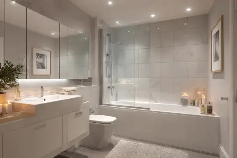 Entspannende bad beleuchtung ideen: Kerzenlicht und dezente Spots schaffen eine Wohlfühlatmosphäre im modernen Badezimmer mit Dusche und Wanne.