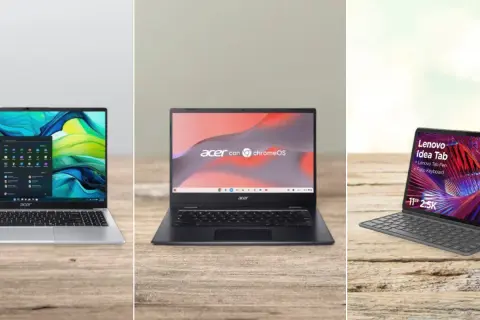 Comparativa: Chromebook vs Windows. Tres dispositivos: un portátil con Windows, un Chromebook Acer y una tablet Lenovo Idea Tab con teclado.